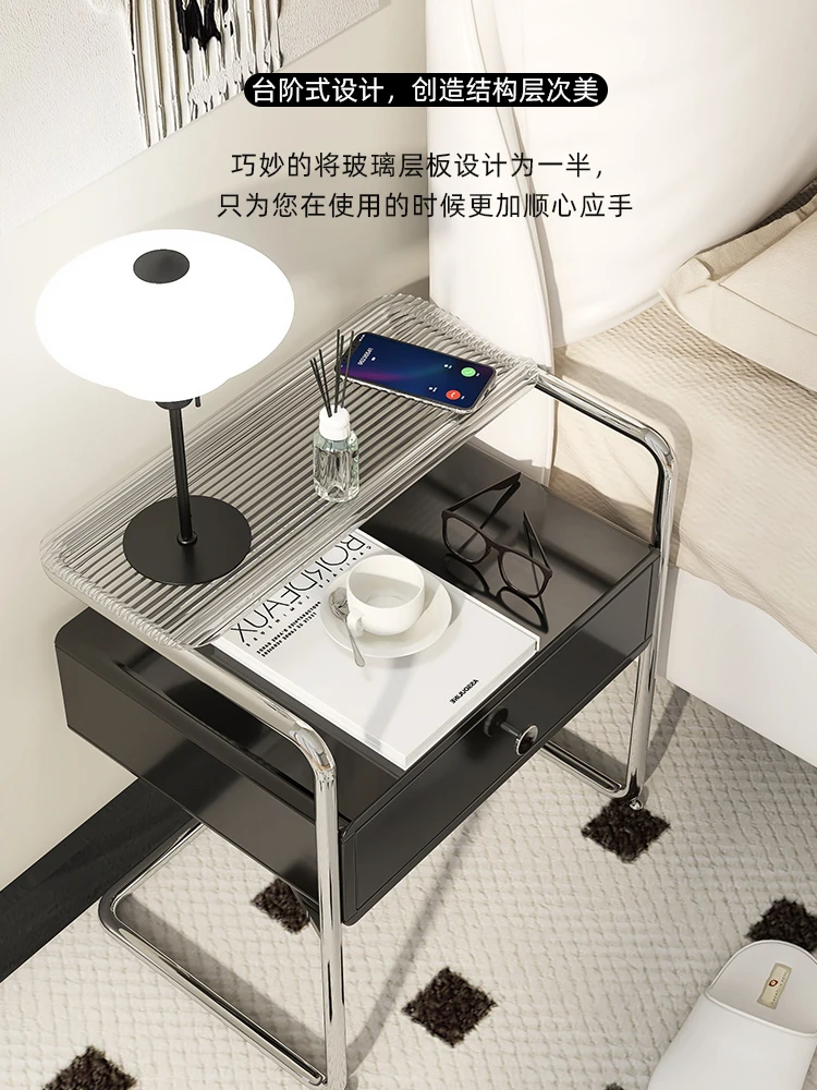 Stainless steel bedside table, light luxury, simple and modern, small Bauhaus tempered glass,second-hand bedroom bedside shelves