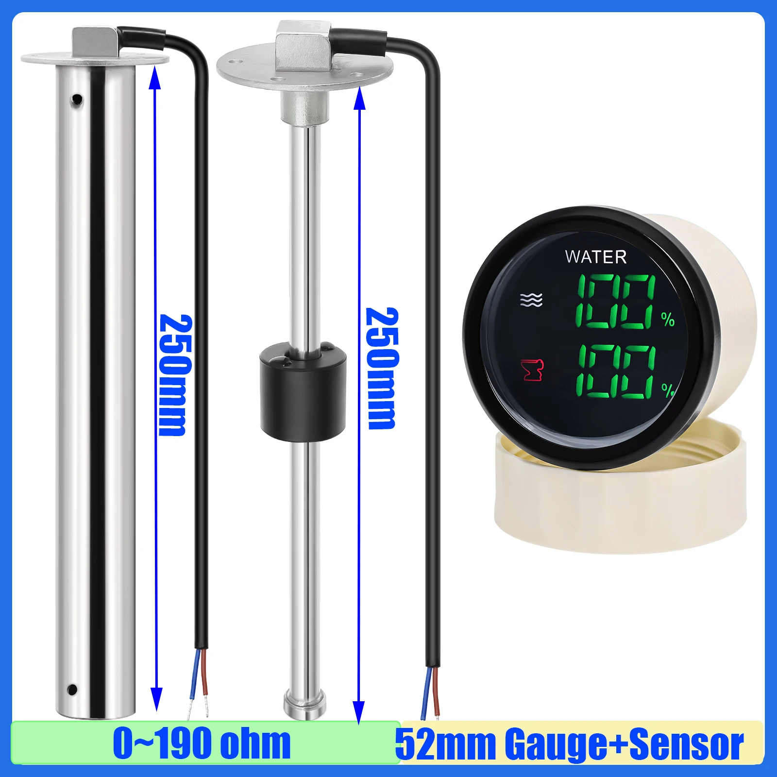 Digital 2 IN 1 52mm Gauge with Alarm 0-190ohm Water Level Sensor+Sewage Level Meter for Water Sewage Level Sensor Car Customized