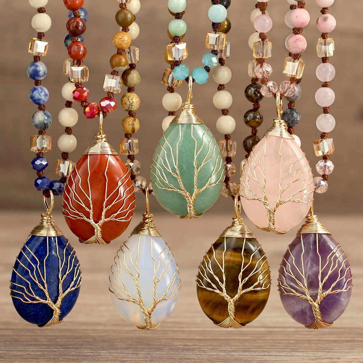 

Fashion Retro Crystal Natural Stone Tiger's Eye Pendant Necklace Handmade for Women Life Tree Pendant Necklace Luxury Jewelry