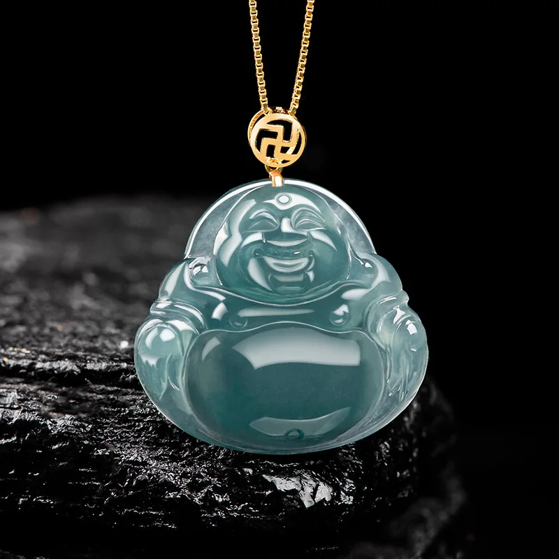 High-Grade Natural a Cargo Blue Water Big Belly Buddha 18K Gold InlaidJade Stone Women's Pendant