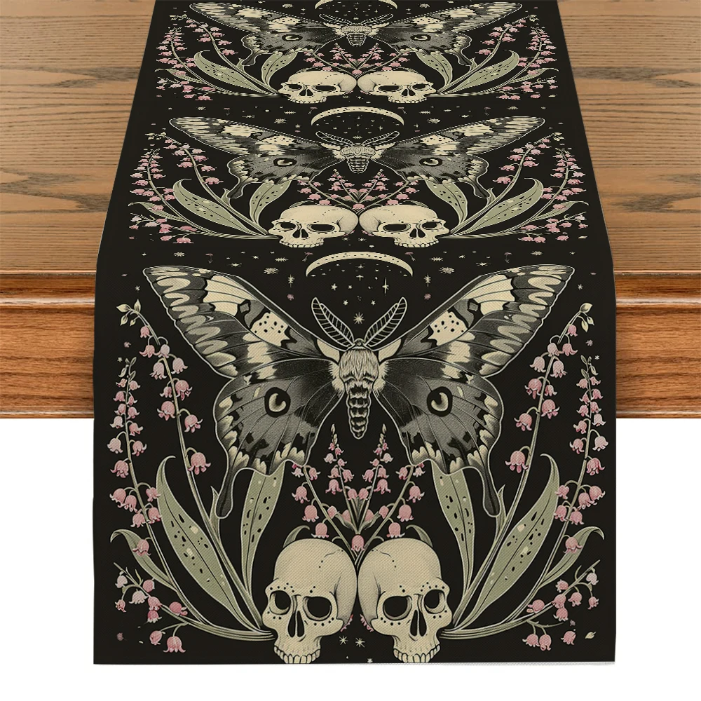 Moths Plant Flowers Gothic Table Runners Washable Dresser Dining Coffee Table Runner Wedding Holiday Party Decor