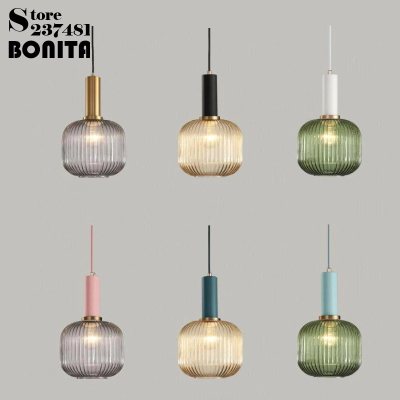 Nordic Striped Glass Hanging Chandelier Bedroom Bar Restaurant Pendant Lamp 18 Colors Home Decoration Pendant Light