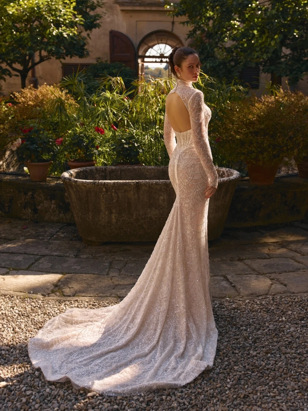 Ivory Lace Beaded Wedding Dress Customized Stunning Backless High Neck Mermaid Bridal Gown Glitter Crystals Long Wear No Veil