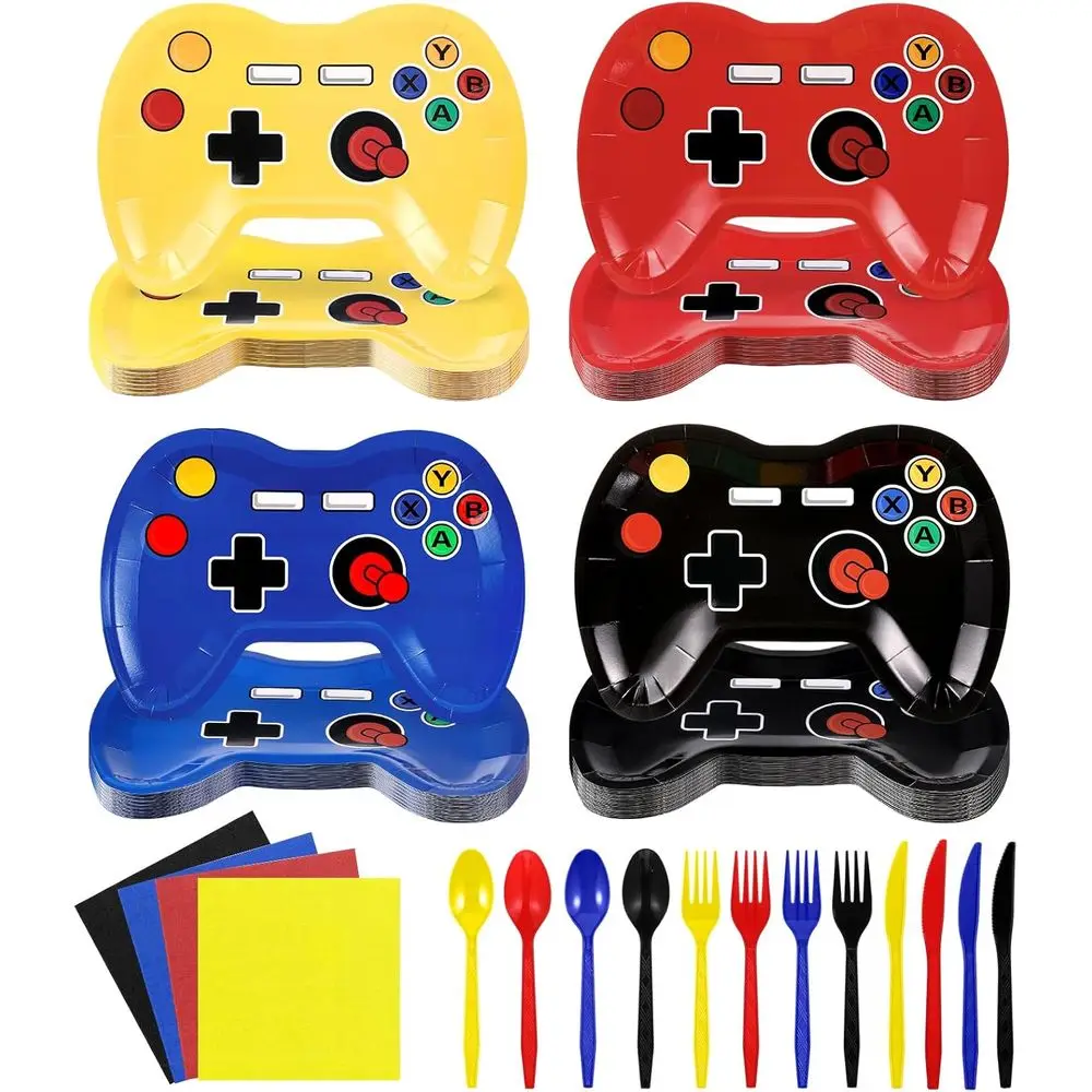 

120 шт., набор посуды для вечеринок в видеоигры, тарелки и салфетки в форме игрового управления, в комплект входят тарелки, салфетки, столовые приборы для G