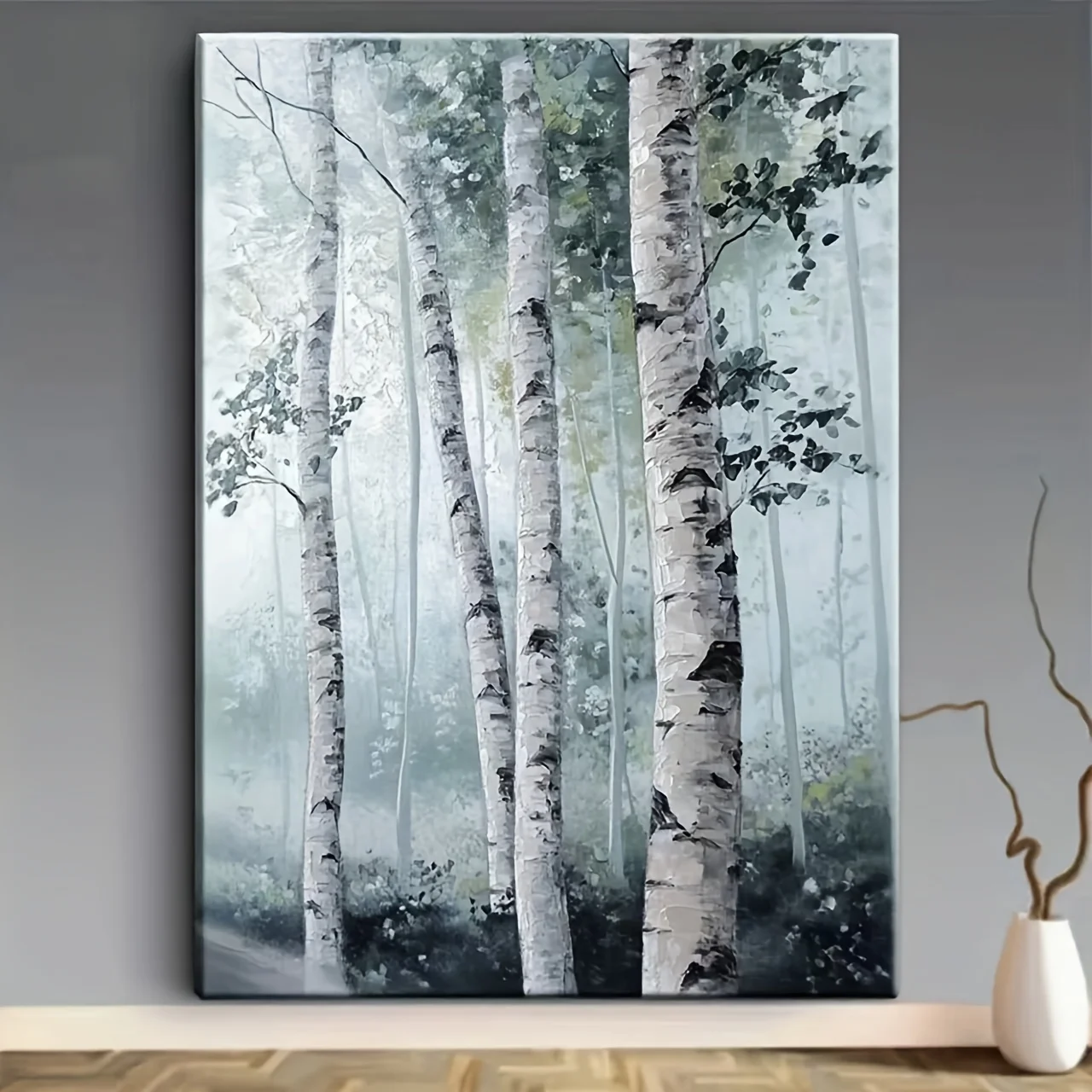 1pc Large Framed Birch Tree Forest Canvas Wall Art - Modern Scandinavian Painting with White & Grey Birch Trunks, Misty Green