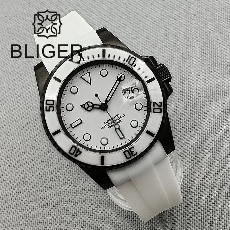 BLIGER 40mm NH35A Automatic Watch For Men White Ceramic Bezel Black PVD Coat Case Green Luminous Date Magnified Rubber Strap