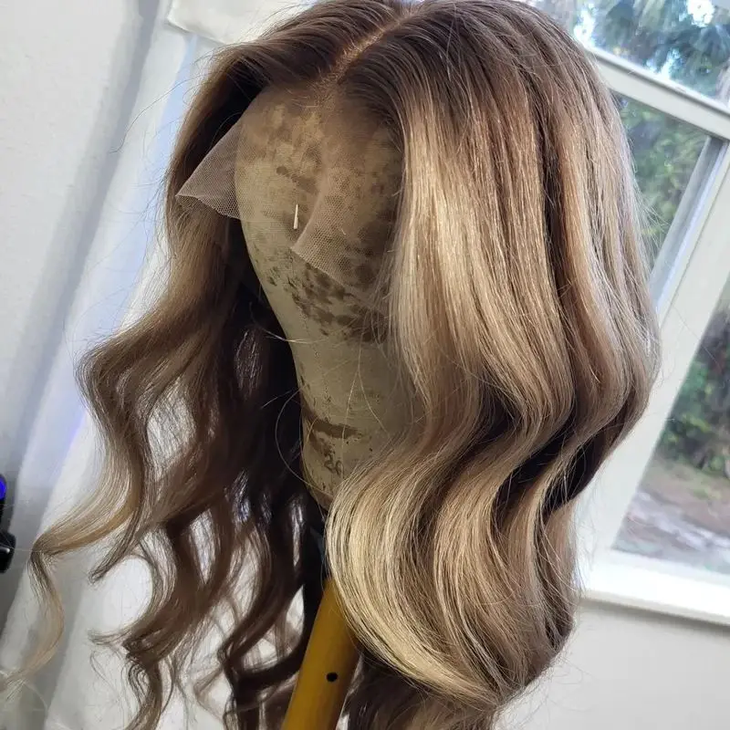 

Free Part Wigs Highlight Ombre Brown Mixed Blonde Long Wave Glueless Synthetic Lace Front Wigs for Women 150 Density 24 Inches