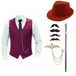 1920s Mens Costume Accessories Set Gangster Costume Roaring 20s Costumes for Halloween Party Outfits with Vest Hat Watch Armband