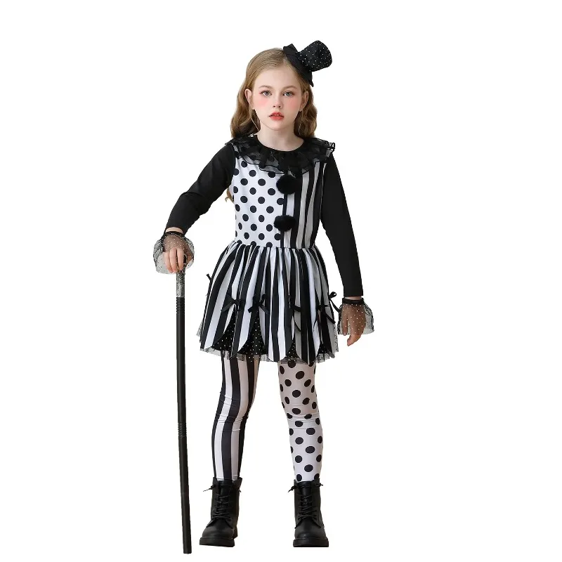 Halloween Cosplay Costume Funny Circus Clown Stripes Dress with Hat Set Performance Party Role Playing Outfits for Girls