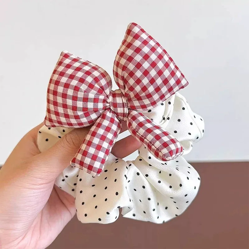 Niedliches kariertes Haarband mit Schleife und Punkten für Mädchen und Kinder, süßes Haarschmuckstück, Scrunchie, Haargummi, Haarring, Haar-Accessoires – Detail 5