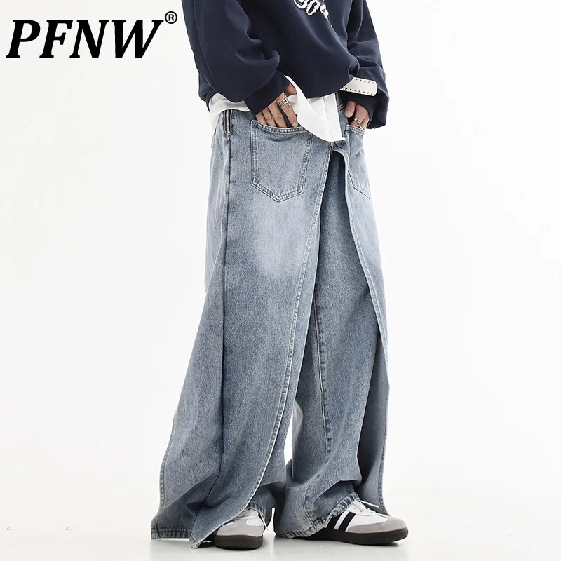 PFNW Men's Wear Niche Design Blue Jeans Patchwork Fake Two Pieces Straight Denim Trousers Autumn 2024 New Long Pants 12C1191