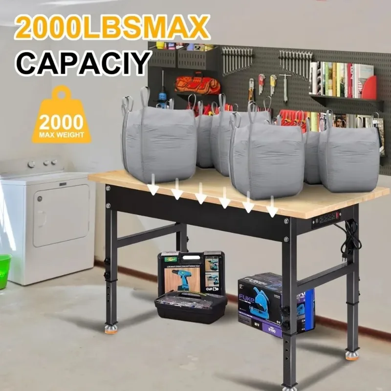 Mesa de trabalho resistente da bancada de madeira de borracha com tomada de energia, capacidade de carga de 2000 libras, bancada de trabalho ajustável de 48"