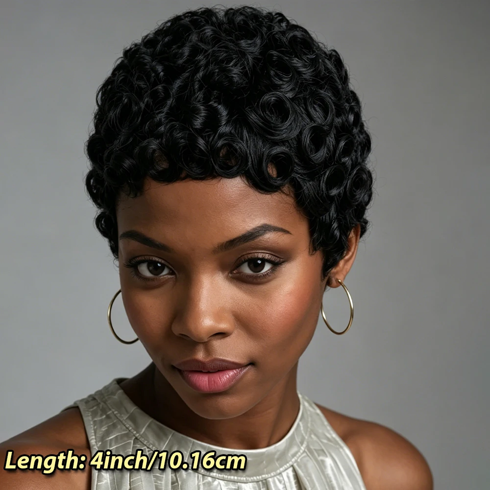 Natural Black Short Bouncy Curly Human Hair Wig with Bangs, Brazilian Virgin Remy Hair Vintage Finger Wave Pixie Cut Wig,Full Machine Made,Easy to Style for Daily/Events