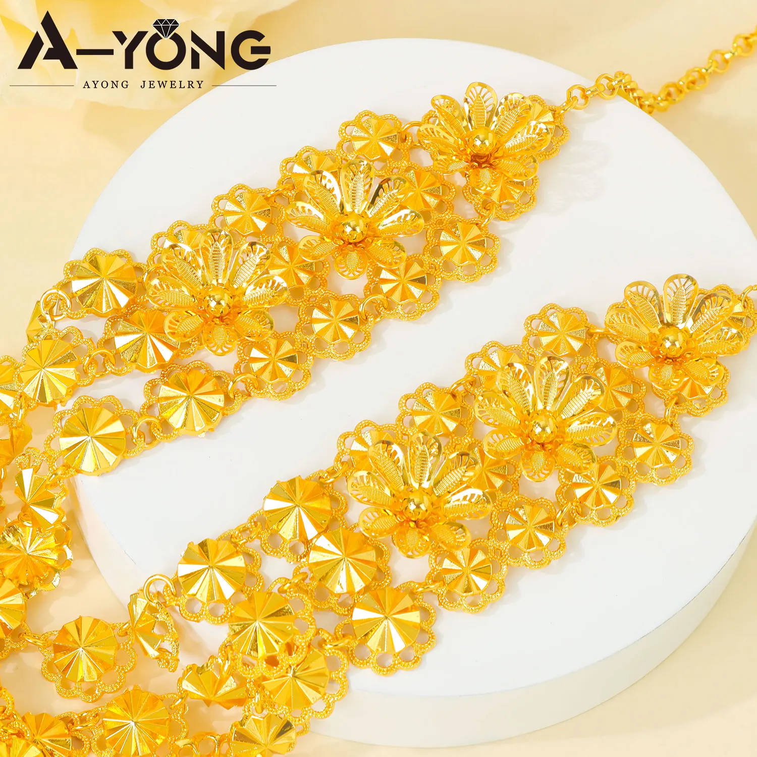 Luxuriöses Äthiopisches Brautschmuck-Set in Dubai-Goldfarbe mit Blumenmuster, Halskette und Ohrringe für Nigerianische Frauen, Event- und Party-Schmuckgeschenke – Detail 5