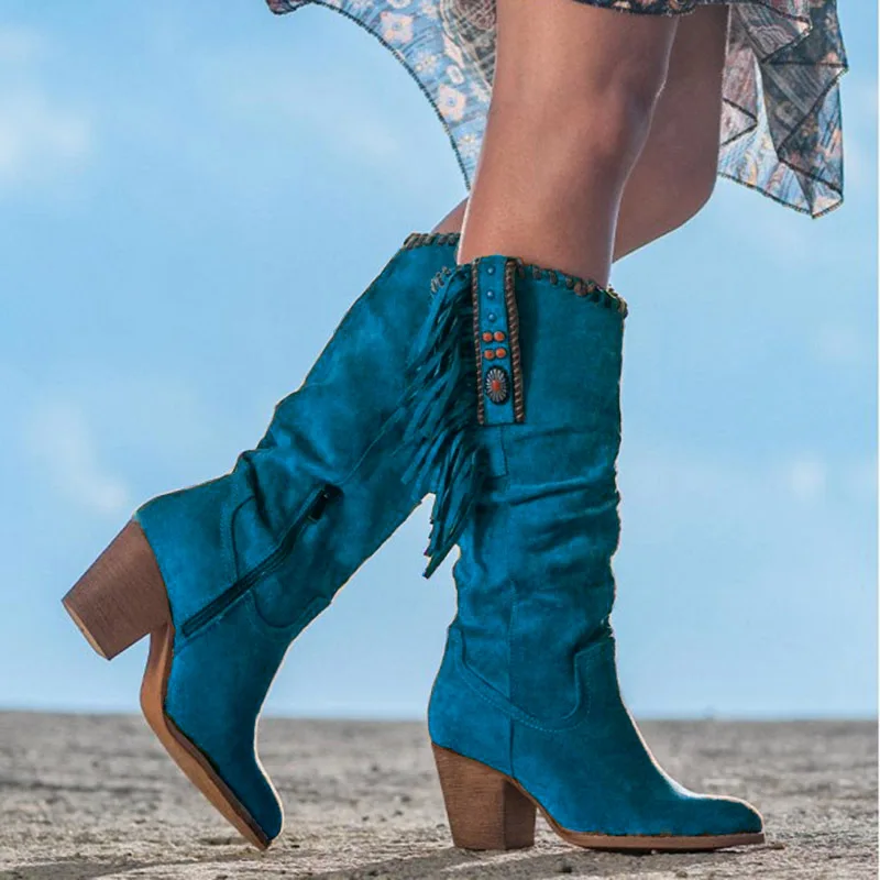 Women High Boots Trend Retro Metal Buckle Pointed Toe Thick Heel 2026 Western Cowboy Boots Female Shoes Botas De Mujer