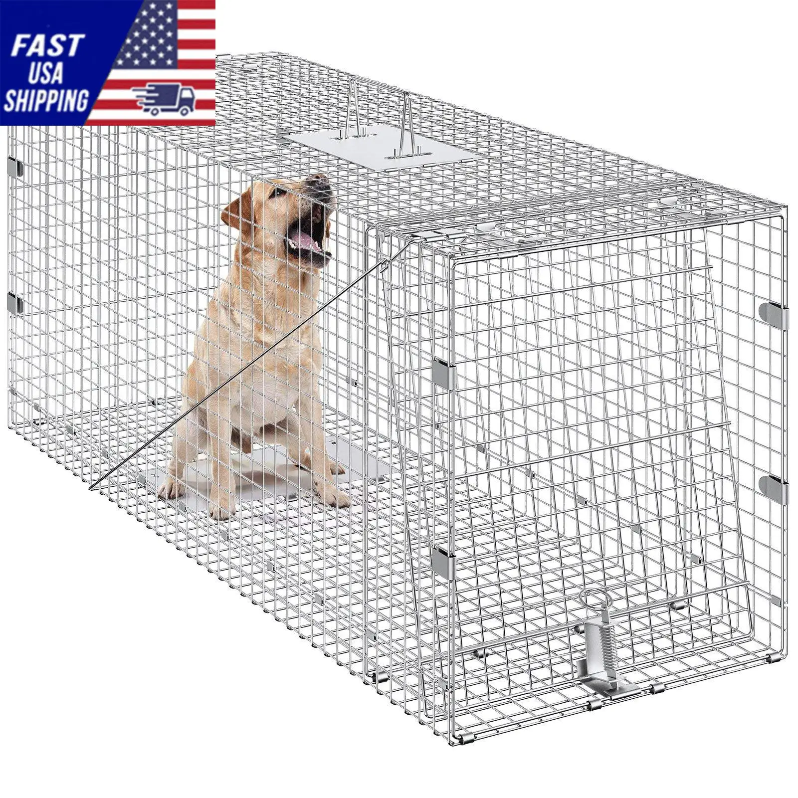 

Live Animal Cage Trap, 42" x 16" x 18" Humane Cat Trap Galvanized Iron, Folding Animal Trap with Handle for Stray Dogs, Ar