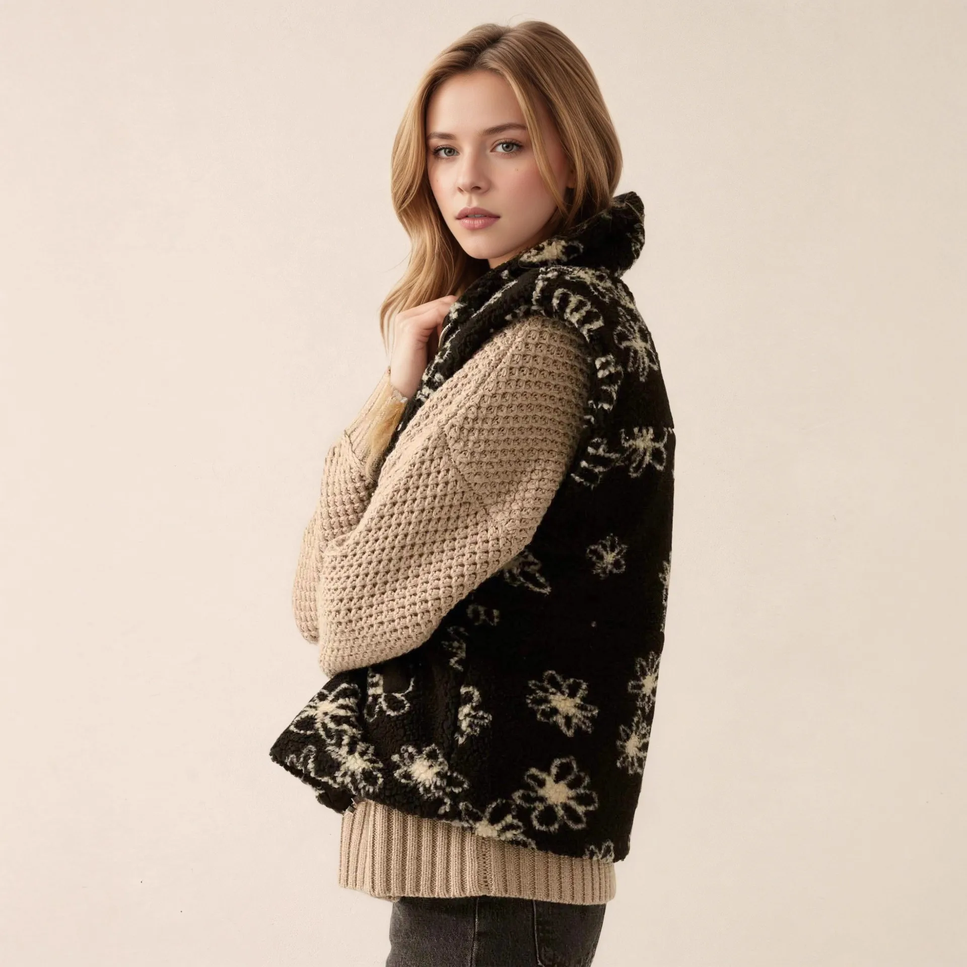 المرأة شيربا سترة صوف زهرة نمط زمم سميكة الدافئة جيليه الوقوف طوق الصوف صدرية ملابس خارجية الشتاء سترة القمم