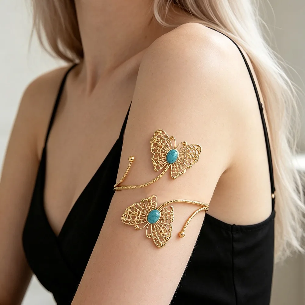 Vintage Butterfly Open Cuff Armlet Turquoise Inlay Adjustable Opening Butterfly Cuff Bracelet Metal Hollow Design Curtain Buckle