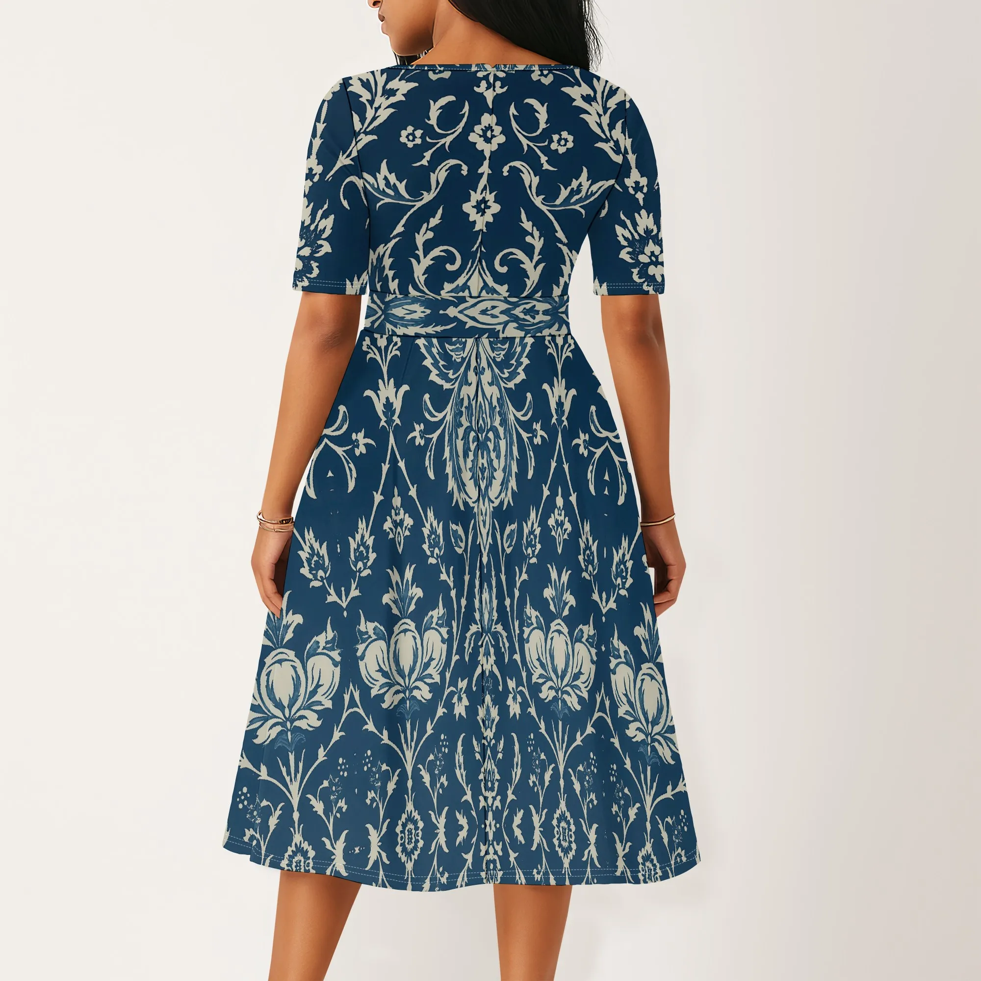 

Women's Elegant Vintage Print Midi Dress Navy Blue Short Sleeve High Waist A Line Church Wedding Guest Dress XS-3XL