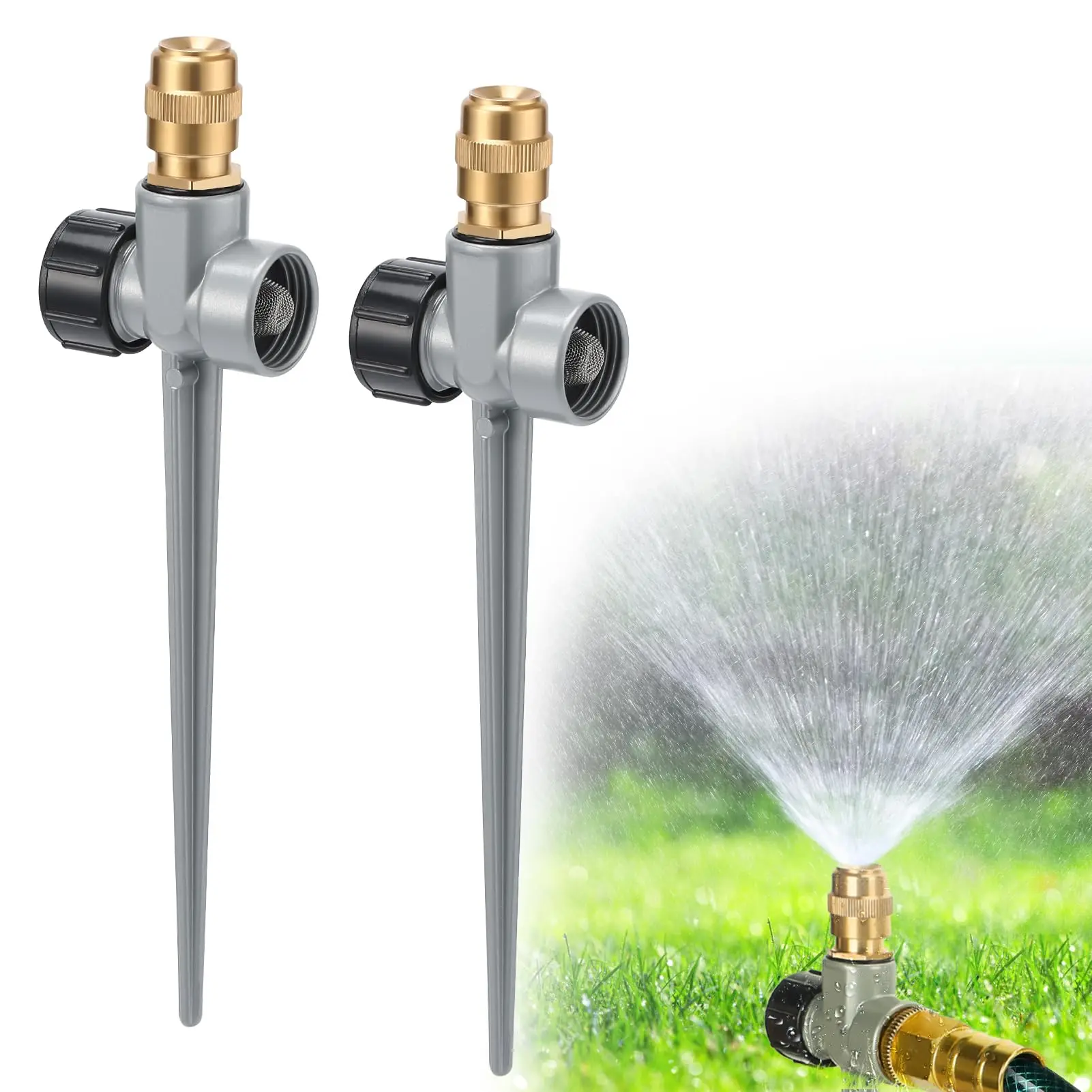 Adjustable Brass Nozzle with Aluminum Alloy Spike Base 2 Pack Metal Lawn Sprinklers for Yard - 360° Coverage Water Sprinklers,