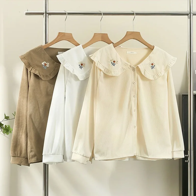 

Wooden Ear Embroidered Doll Collar Shirt Spring 2025 Women Fashion Temperament Corduroy Shirt Loose Long Sleeve Bottom Girls Top