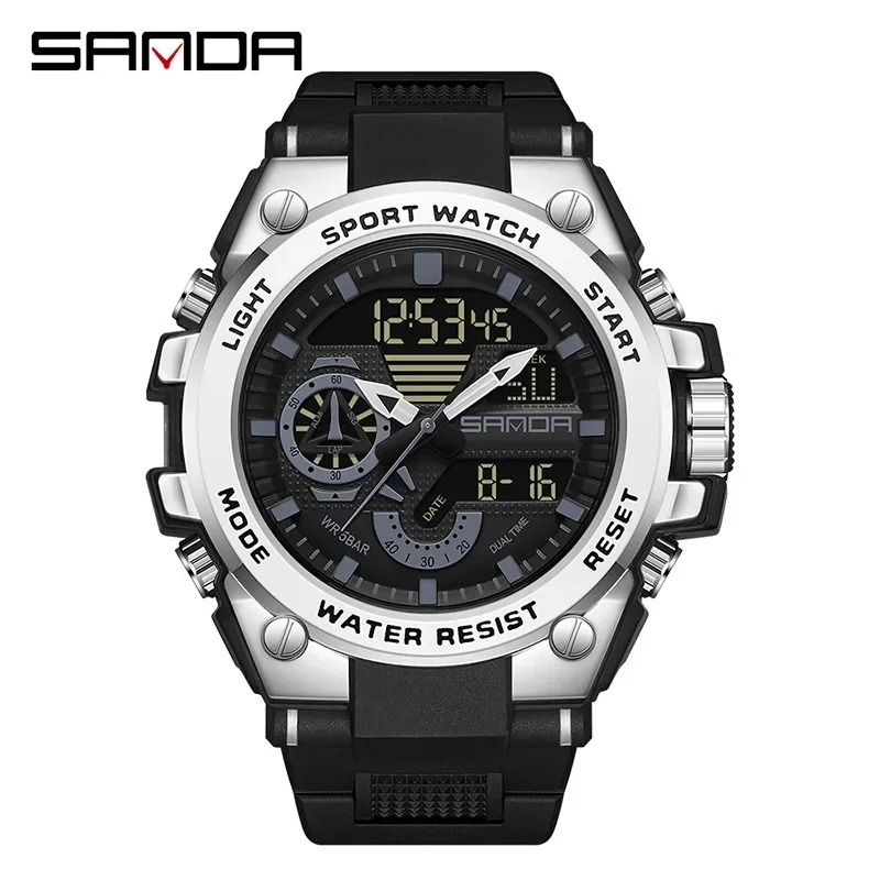 SANDA 3302 Luxury LED Dual Display Digital Quartz Watch for Men Shockproof Waterproof Sports Wristwatches Mens Reloj De Hombre