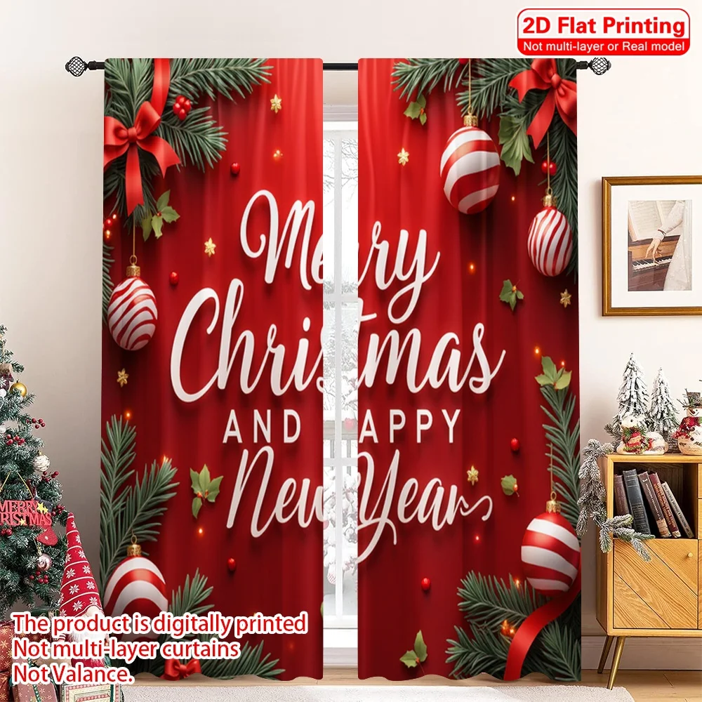 

2pcs 2D flat printing Christmas Window Drapes Merry Christmas Happy New Year Ornaments 100% Polyester Without Electricity Party