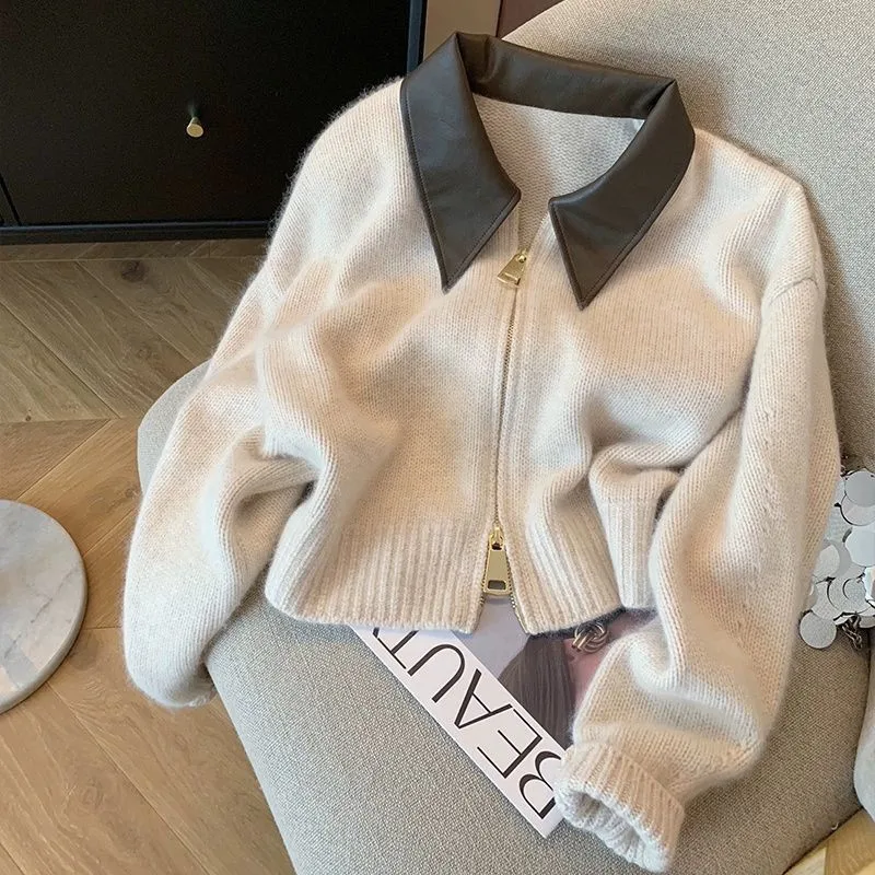 Vintage Leather Spliced Knitted Cardigan Coat Women Spring Lapel Collar Sweater Jacket Long Sleeve Loose Fitting Cropped Outwear