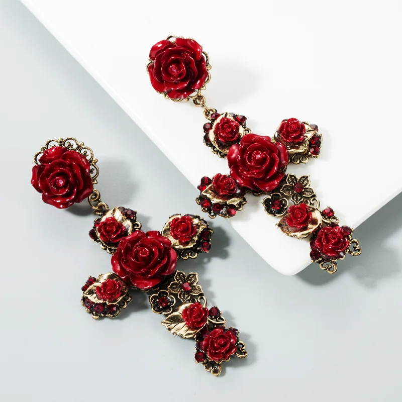 Japanese And Korean Earrings Female Fashion Temperament Baroque Rose Flower Cross Shaped Long Earrings Retro Earrings