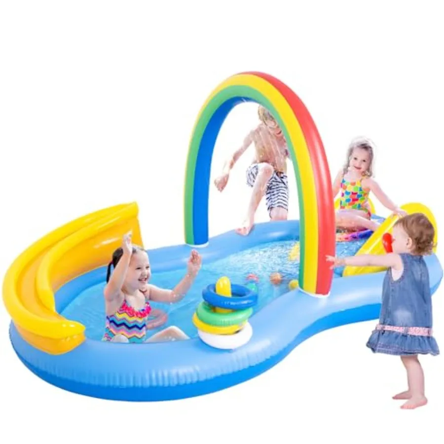 

Outdoor backyard garden water park inflatable swimming pool with water slide, spray water feature, toss ring, and ball PVC, blu