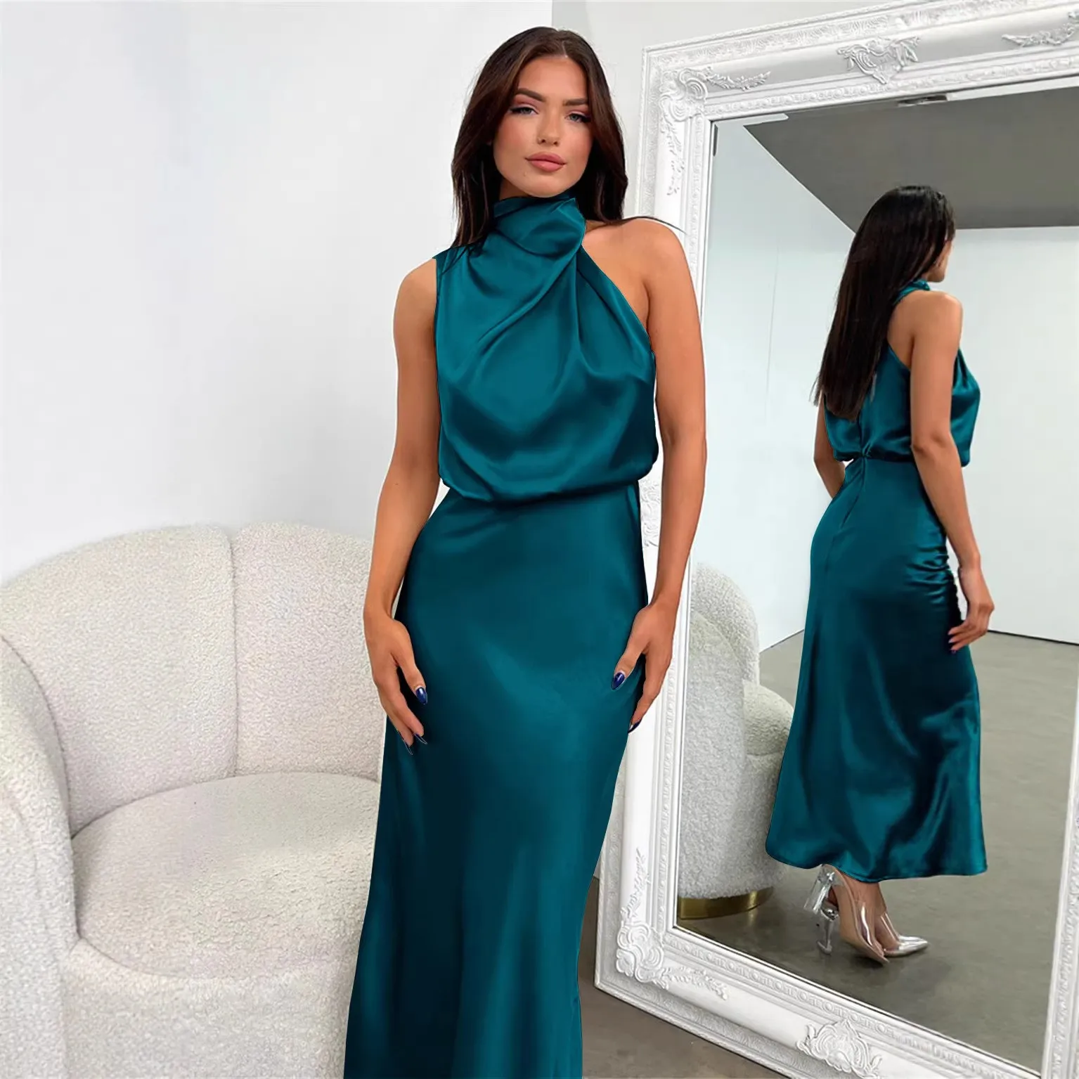 No Sleeve Sleeveless Dress with Flared Skirt Elegant High Waist Midi Length Party Dress Wrinkle Finish Daily Date for Women