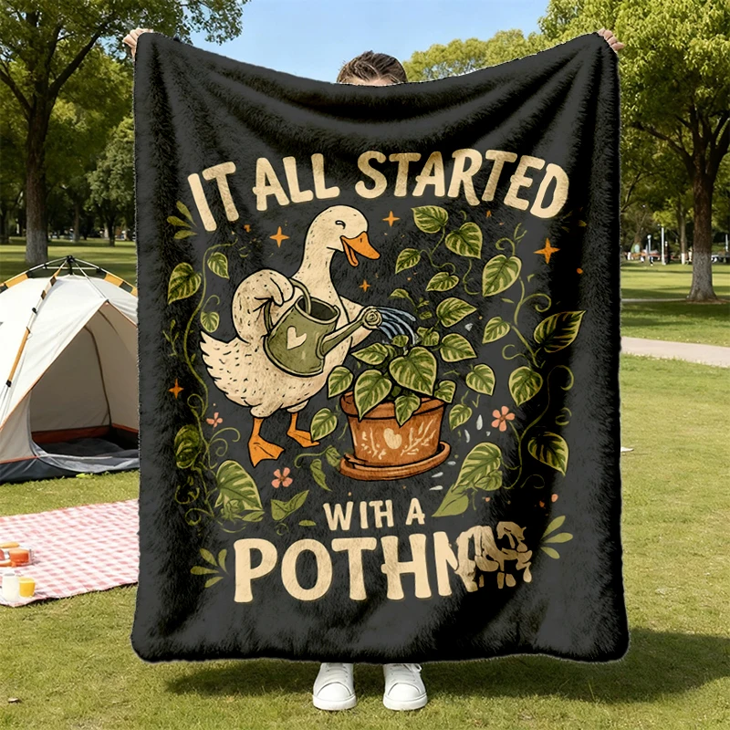 It All Started with A Pothos Flannel Blanket, Funny Plant Lover Flannel Throw, Goose Gardening Cozy Blanket