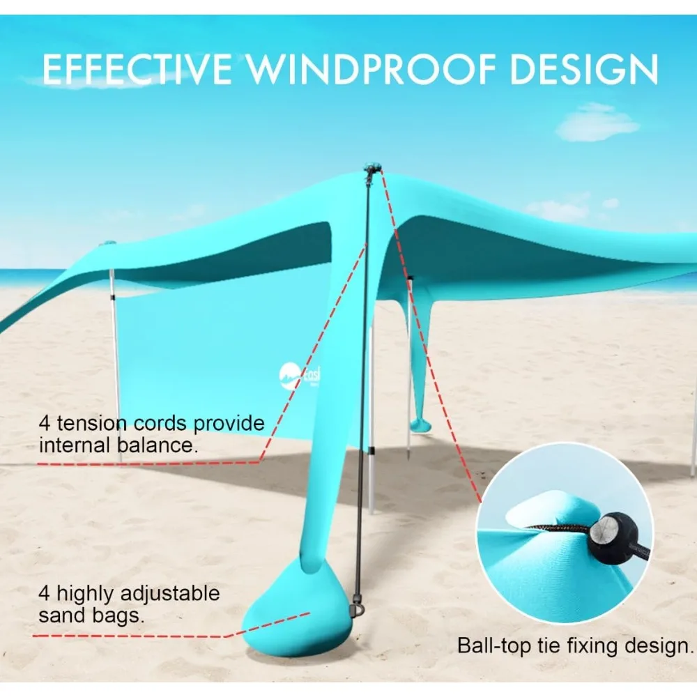 مظلة شاطئ 10 × 10 أقدام مع جوانب، ارتفاع 6.6 قدم، حماية من أشعة الشمس بعامل حماية من أشعة الشمس 50+، مقاومة للرياح والماء، كاملة مع غيلاينز