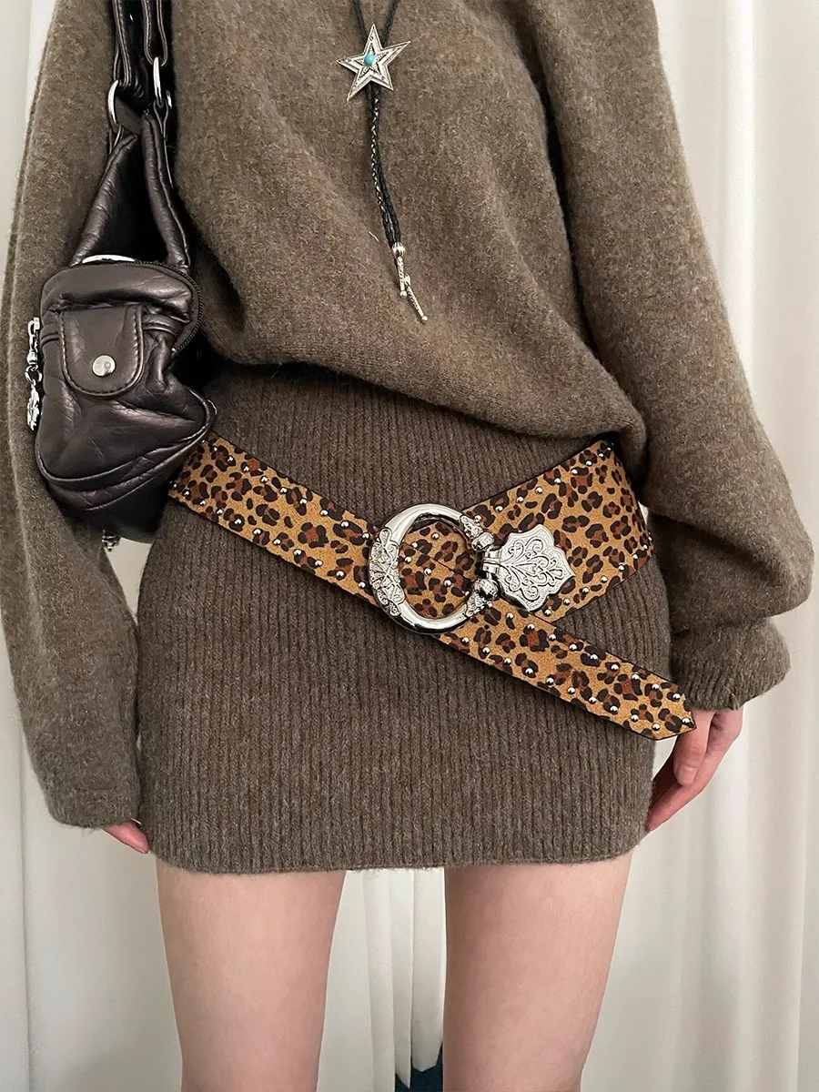 Breiter Gürtel mit Leopardenmuster für Damen, personalisierter Taillengürtel im Retro-Stil für einen sexy Look, amerikanischer Y2K-Ledergürtel zum Cinch-The