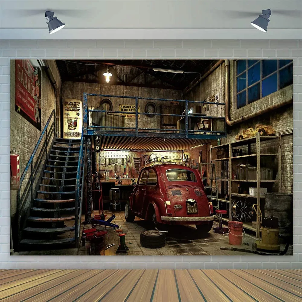 Vintage Garage Car Repair Grunge Fix Workshop Backdrop Retro Photography Background Mechanic Party Decoration Photo Booth Studio