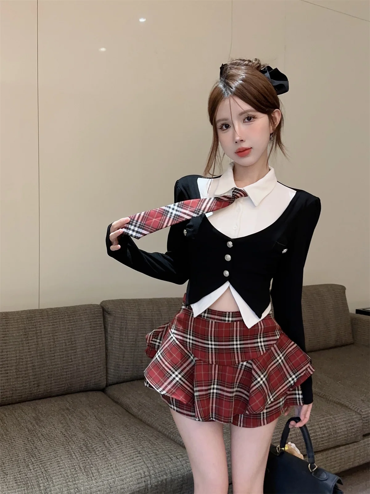 Spicy Girls Uniform Set Women Team Uniform Spring Academic Style Polo Neck Sexy Mini gonna a Culottes scozzese a vita alta Red Plaid