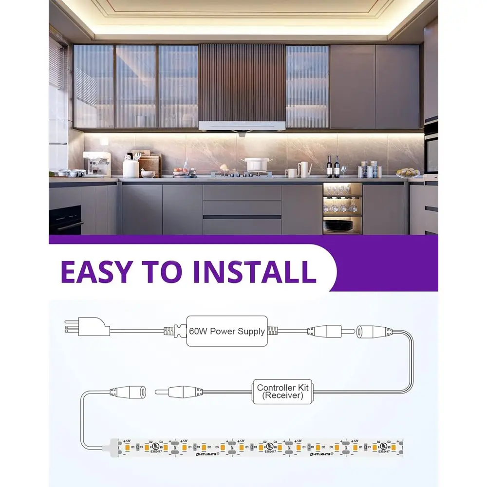 16,4ft 12V dimbare LED-stripverlichtingsset met hoge dichtheid en afstandsbediening, 4000K, 600 LED's, 300Lm/ft, UL-gecertificeerd voor woondecoratie