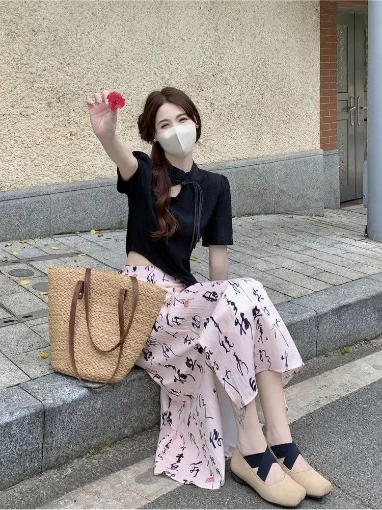 

New Chinese Style High Waist Asymmetric Design Half Skirt Women's Set Summer 2026 T-Shirt Fashionable Retro Waist-Cinching