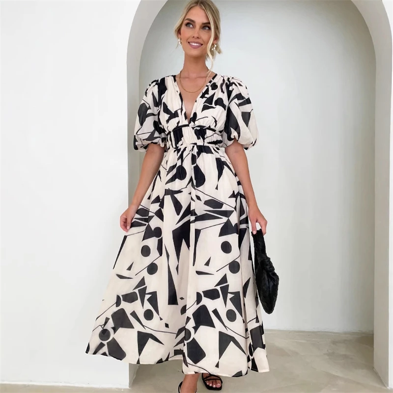 Fashion Boho Floral Print Long Dress For Women New Spring Summer Short Sleeve V Neck Elegant Style Maxi Dresses Robe Femme