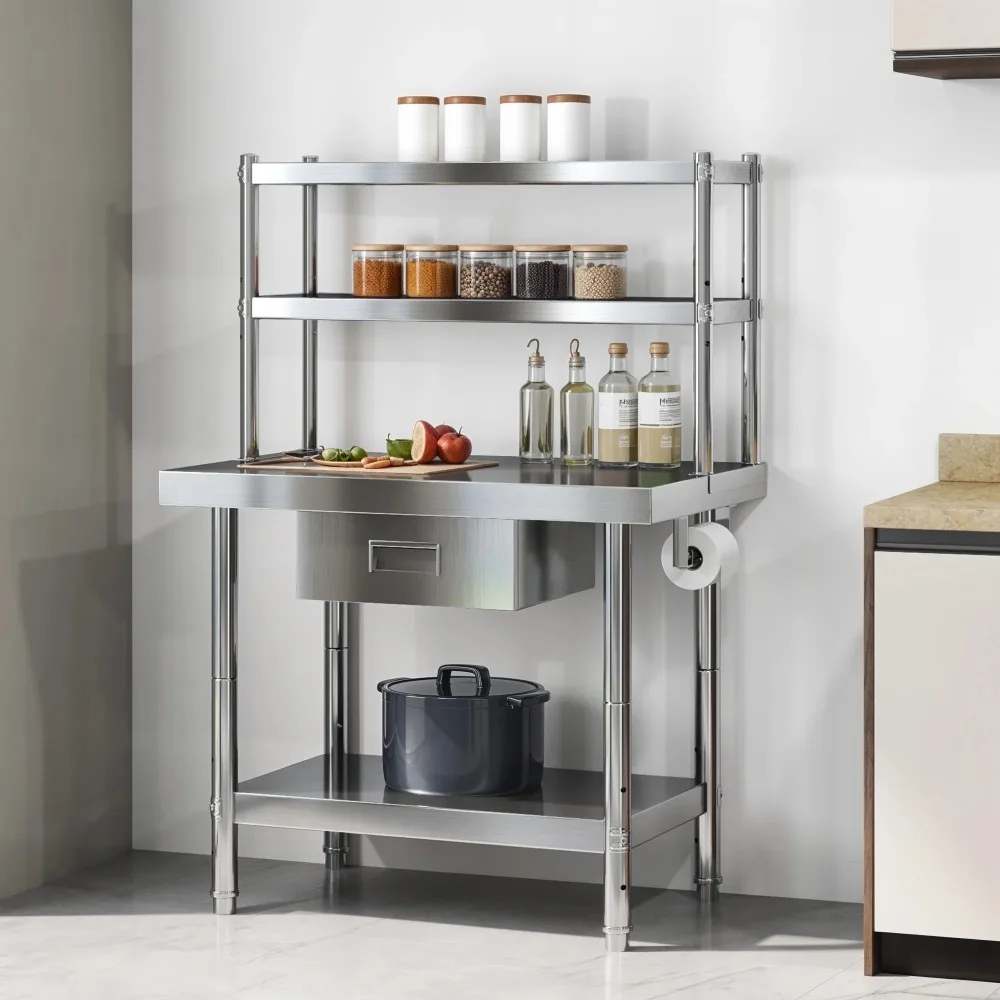 NSF Stainless Steel Table with Adjustable Height, Storage Rack, Towel Hanging Bar, Overshelves, Drawer