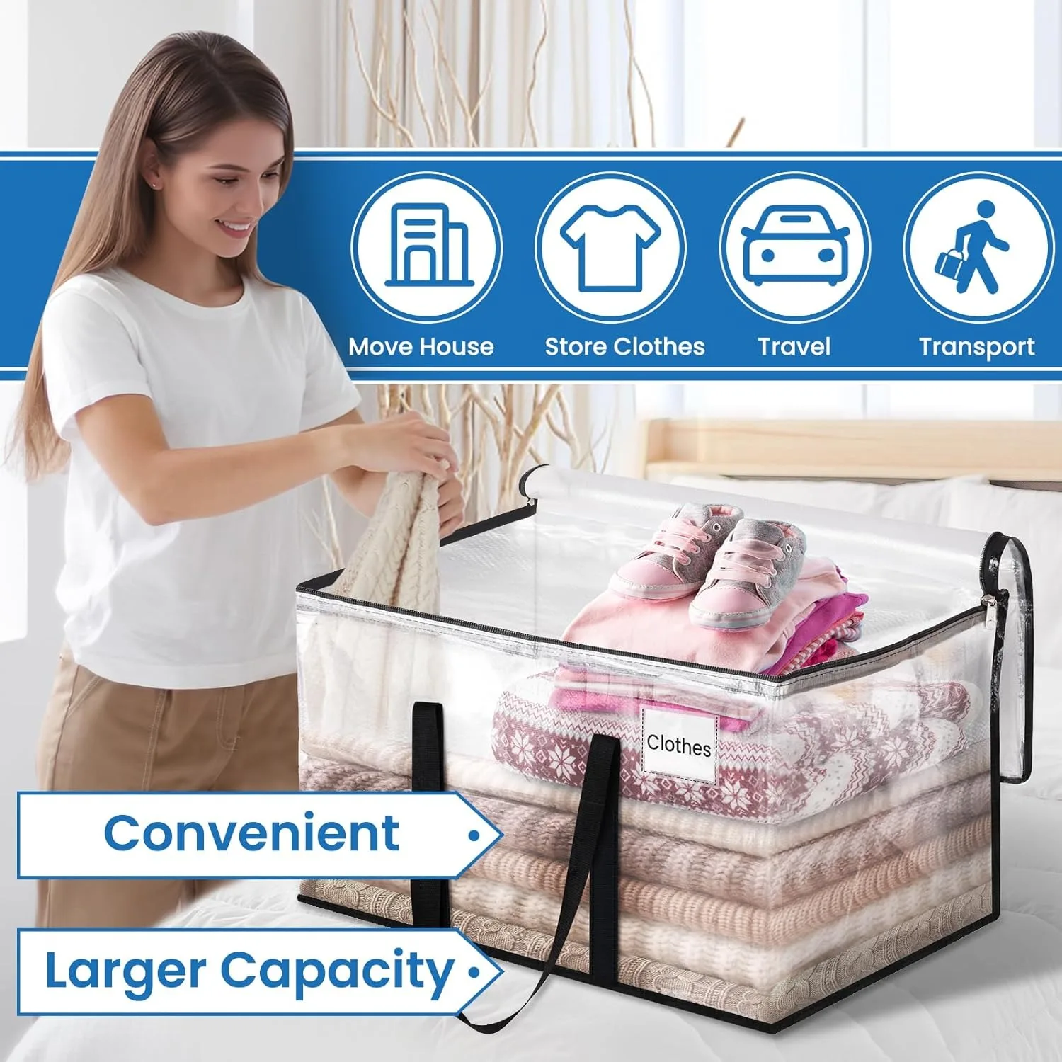 Clear Heavy Duty Extra Large Moving Bags, Reinforced Handle & Double Zipper, Storage Bags Alternative to Moving Box (10 Packs)