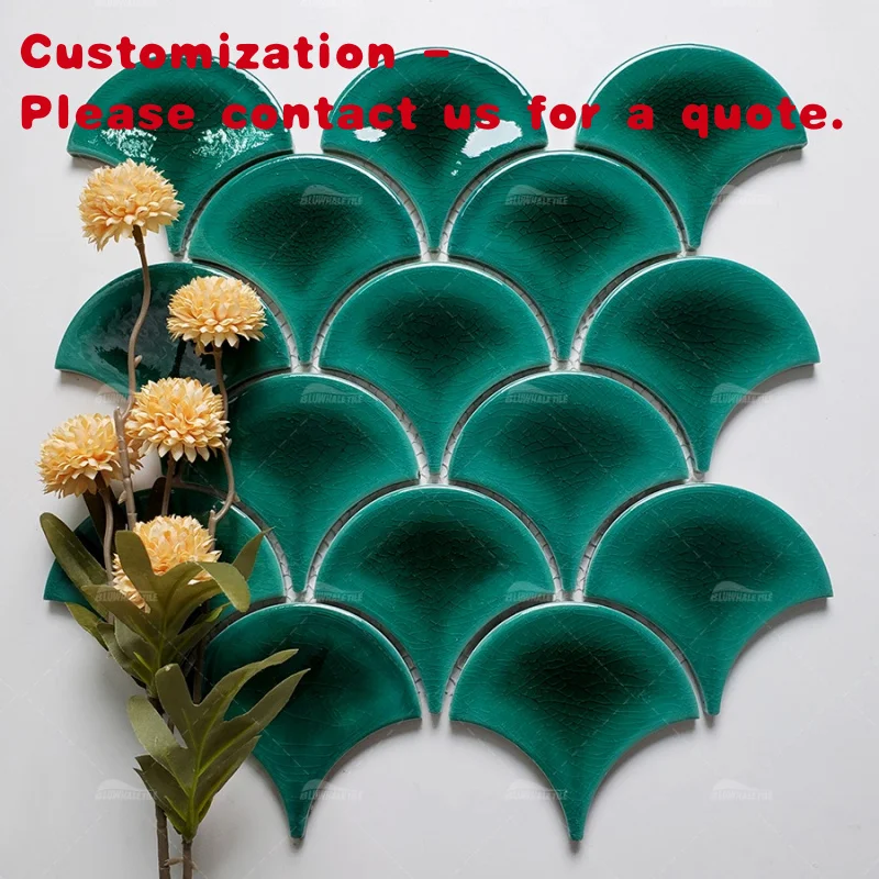 

custom.Crackle Pattern Glazed Green Fish Scale Porcelain Ceramic Wall Aqua Turquoise Fish Scale Pool Tile
