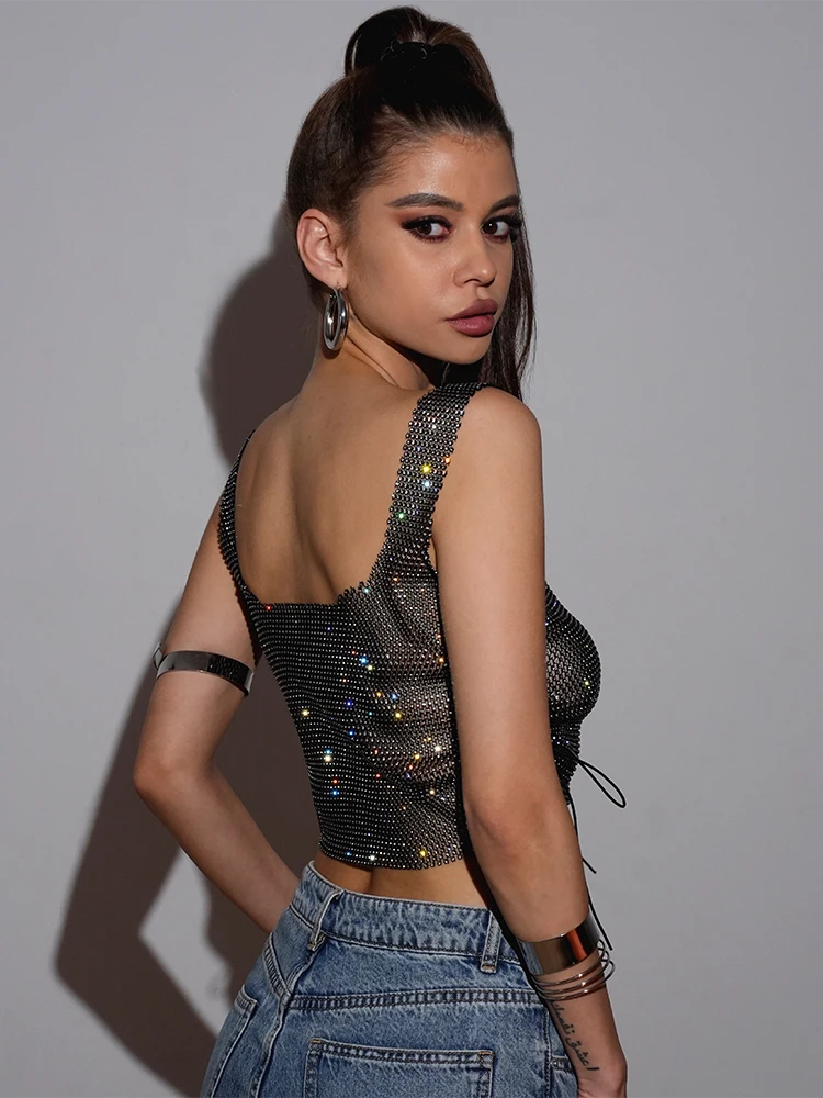 Women Black See Through Hollow Out Rhinestone Side Bandage Fitted Tank Tops Beach Streetwear Summer Mesh Fishnet Crop Tops