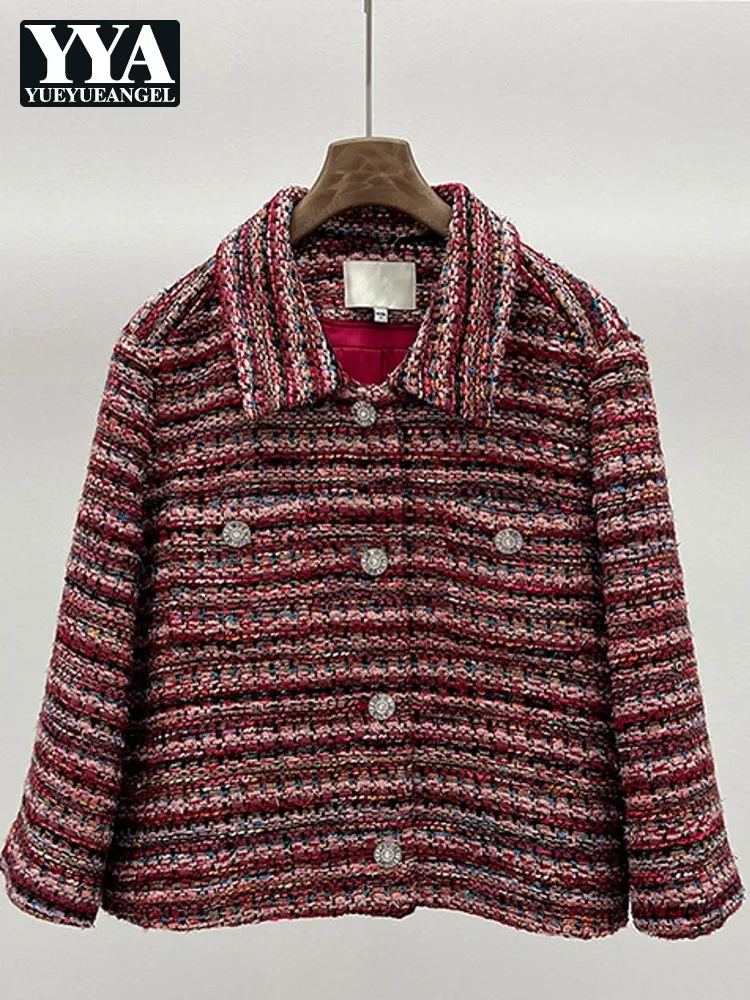 

Women Rose Red Stripes Tweed Jacket Turndown Collar Single Breasted Loose Fit Outerwear Office Lady Autumn Winter Party Coat