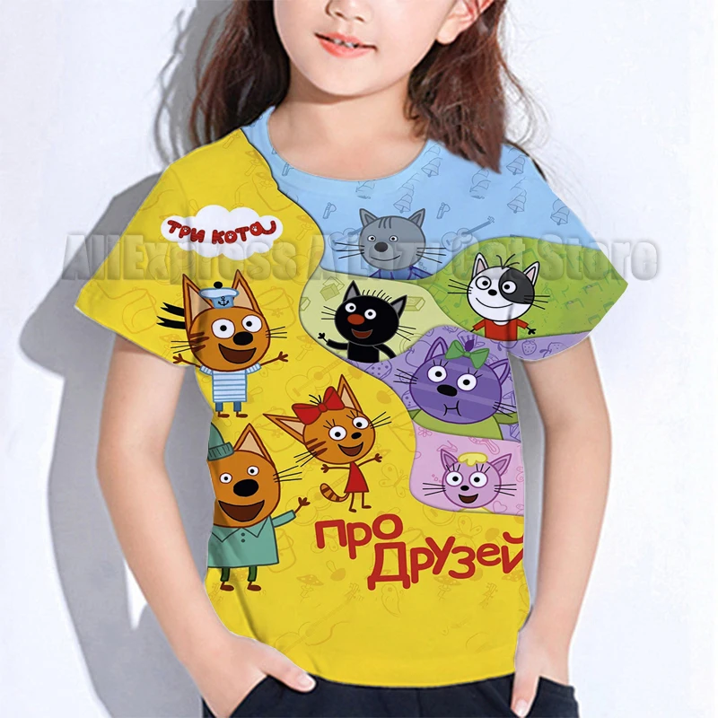 T-shirt à manches courtes trois chatons pour enfants, vêtements de dessin animé Kawaii pour enfants, bébé, garçon, fille, été