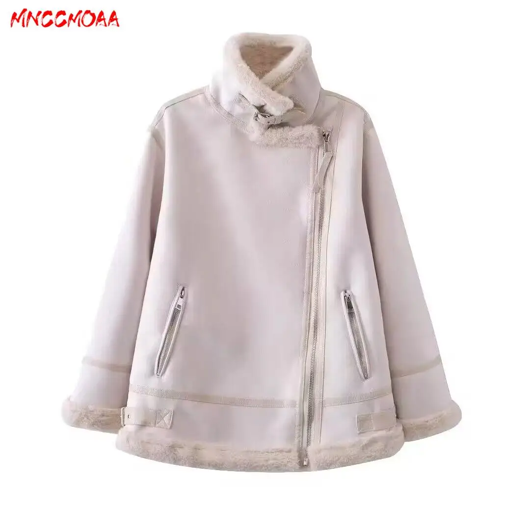 MNCCMOAA High Quality 2023 Winter Women Fashion Loose Thick Warm Fleece Faux Leather Jackets Coat Female Casual Zipper Outwear