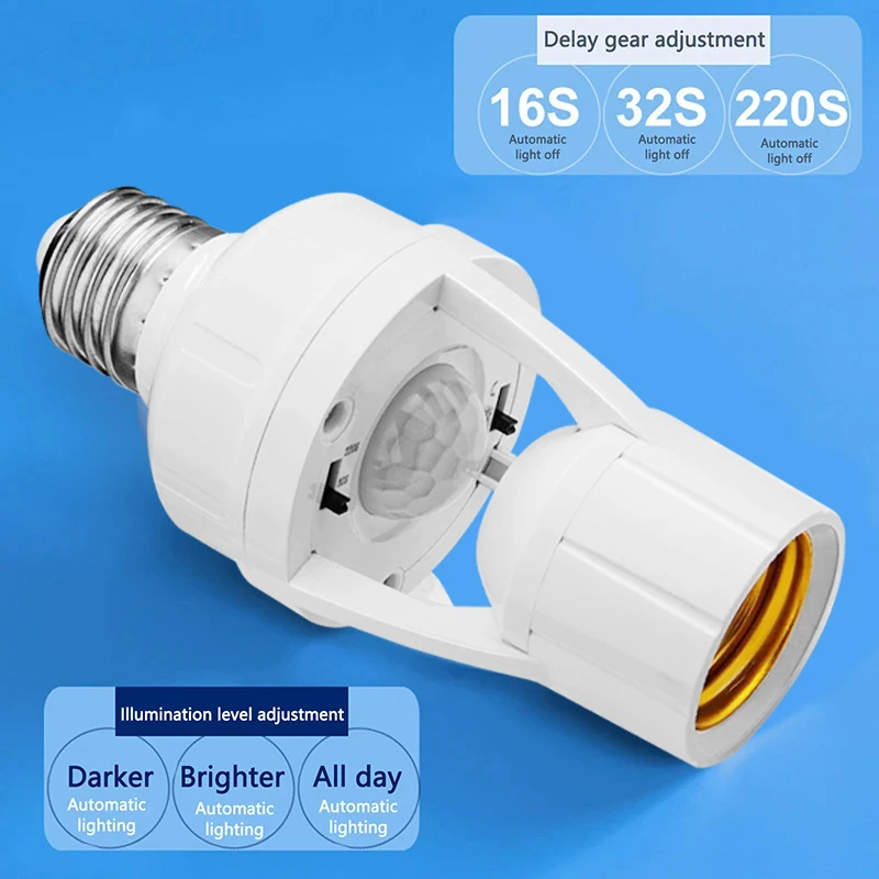 Motion Sensor Led Lamp Base E27 Socket Converter AC100-240V Light Bulb Holder Adapter Switch Adjustable PIR Human Induction