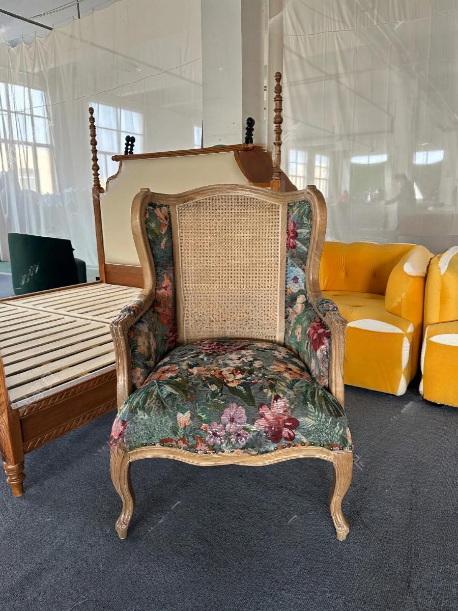 Retro Solid Wood Rattan Couch Single Flower Cloth Rattan French American Leisure Chair