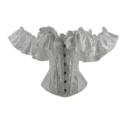 Off Shoulder Corsets and Bustiers Gothic Lace Up Vest Overbust Corsets Ruffles Short Sleeve Brocade Corselet for Women Steampunk