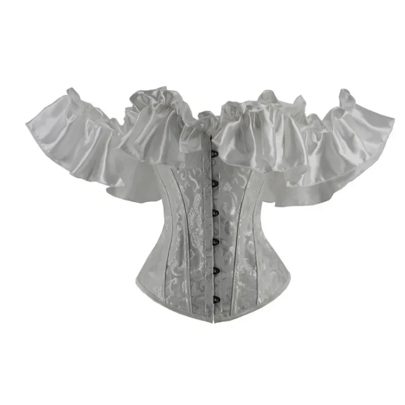 Gorsety i gorsety z odkrytymi ramionami gotycka sznurowana kamizelka gorsety na biust Ruffles z krótkim rękawem brokatowy gorset dla kobiet Steampunk